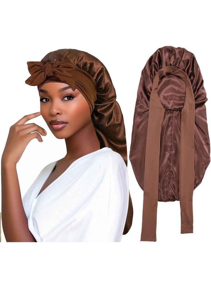 Generic Long Satin Braid Bonnet for Women Silk Bonnet for Sleeping Sleep Cap with Elastic Tie Band Night Cap for Long Curly Hair  - Image 1