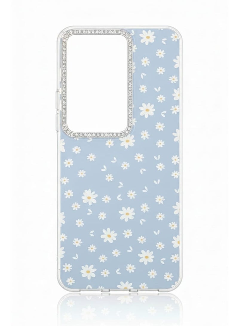 جراب حماية فاخر لهاتف فيفو y19s بلون أزرق هادئ بنقشة زهور رقيقة.