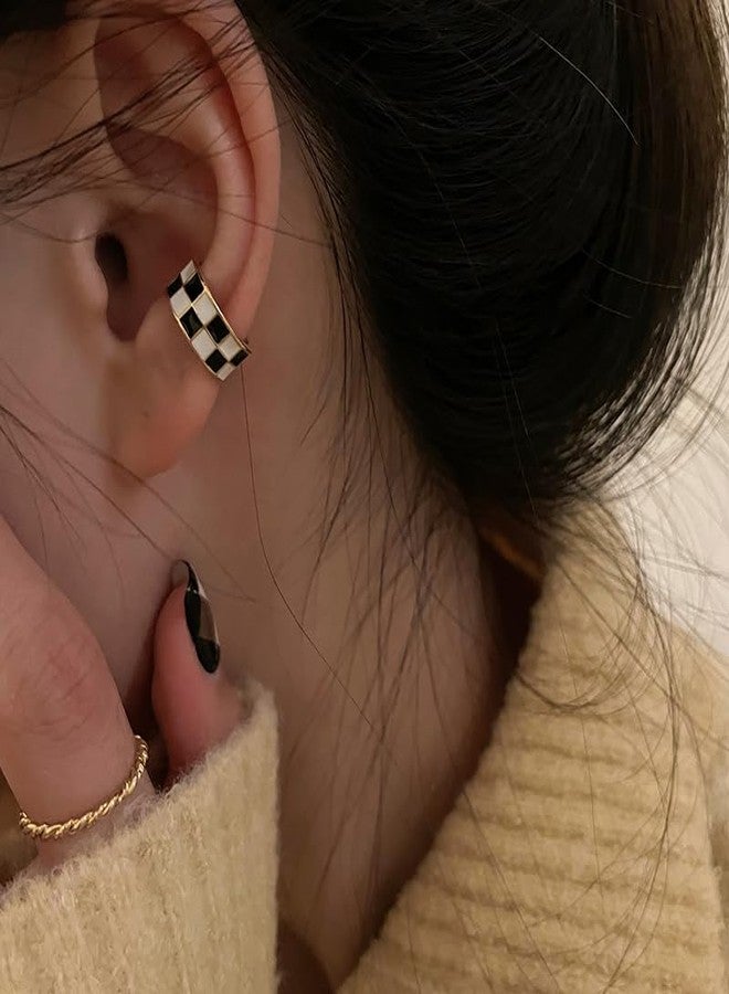 ANGLEQUEEN Gold Checkered Clip On Earrings for Women Cartilage Earring Small Checkered Hoop Earring Hypoallergenic Hoop Houndstooth Accessories Black-White - Image 4