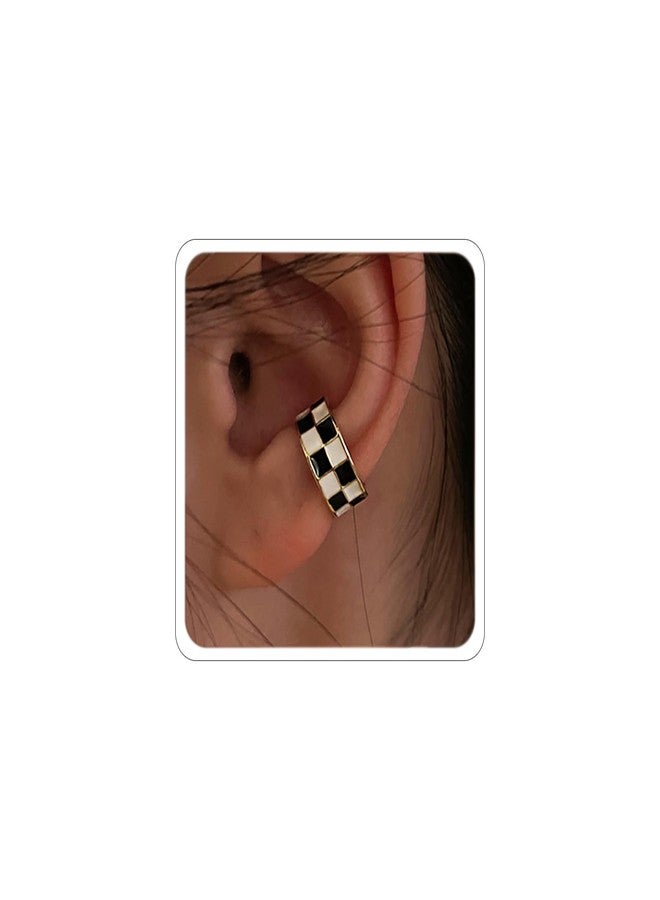 ANGLEQUEEN Gold Checkered Clip On Earrings for Women Cartilage Earring Small Checkered Hoop Earring Hypoallergenic Hoop Houndstooth Accessories Black-White - Image 1