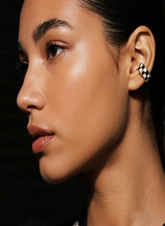 ANGLEQUEEN Gold Checkered Clip On Earrings for Women Cartilage Earring Small Checkered Hoop Earring Hypoallergenic Hoop Houndstooth Accessories Black-White - Image 3
