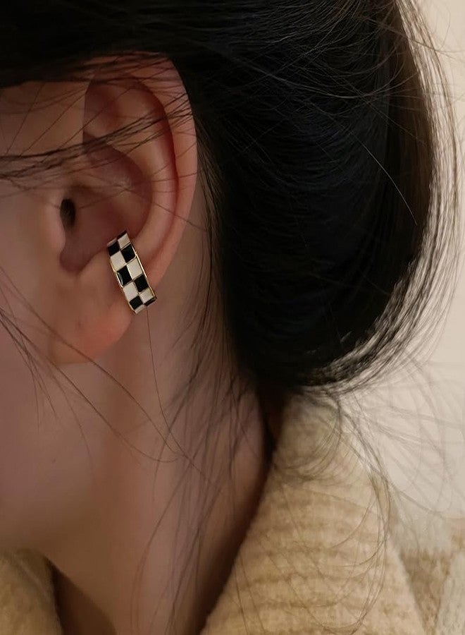 ANGLEQUEEN Gold Checkered Clip On Earrings for Women Cartilage Earring Small Checkered Hoop Earring Hypoallergenic Hoop Houndstooth Accessories Black-White - Image 2