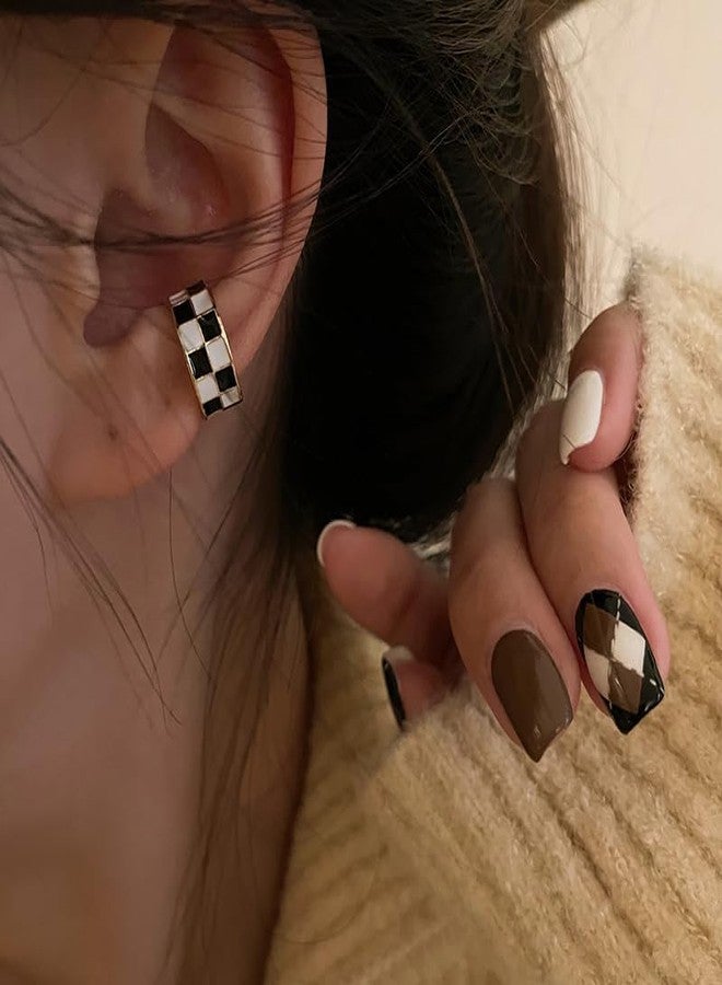 ANGLEQUEEN Gold Checkered Clip On Earrings for Women Cartilage Earring Small Checkered Hoop Earring Hypoallergenic Hoop Houndstooth Accessories Black-White - Image 5