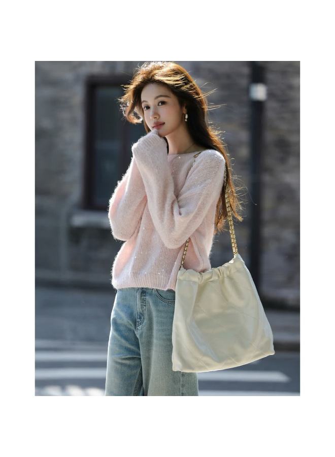 Mt Autumn Elegant Sequin Crew Neck Knit Sweater With Fluffy Wool, Soft And Loose Fit Women's Top - Image 3