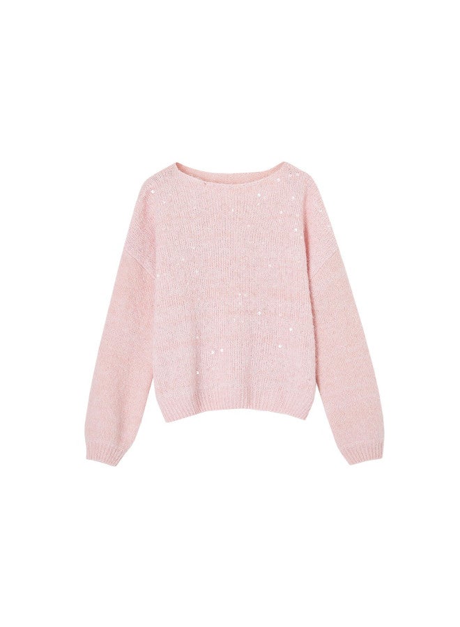 Mt Autumn Elegant Sequin Crew Neck Knit Sweater With Fluffy Wool, Soft And Loose Fit Women's Top - Image 5