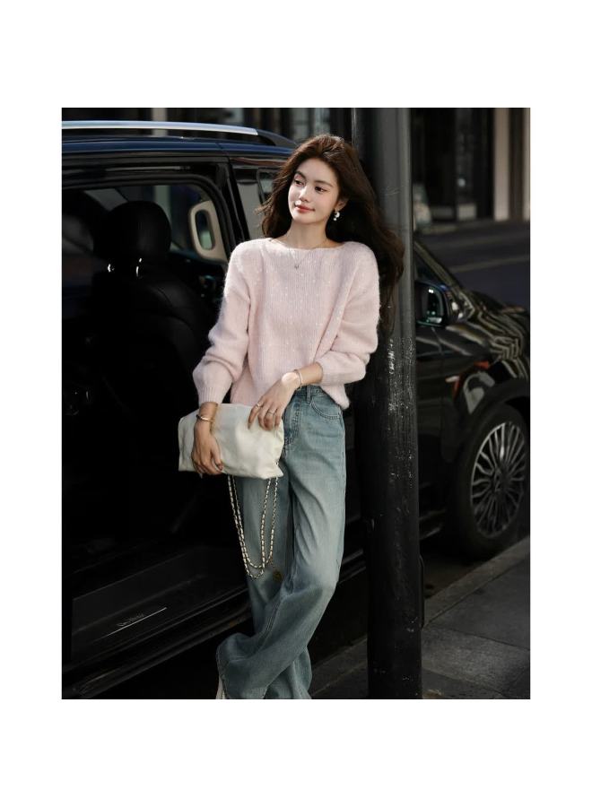 Mt Autumn Elegant Sequin Crew Neck Knit Sweater With Fluffy Wool, Soft And Loose Fit Women's Top - Image 2
