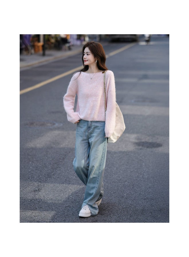 Mt Autumn Elegant Sequin Crew Neck Knit Sweater With Fluffy Wool, Soft And Loose Fit Women's Top - Image 4