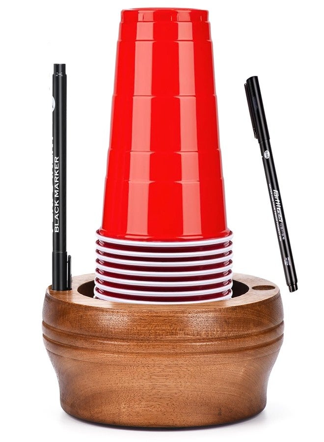 KLXQYYPY Wooden Cup Holder with Marker Slot - Disposable Plastic Cup Organizer & Dispenser for Hosting Party Essentials Kitchen Bathroom Housewarming Decoration (Walnut Color) - Image 1