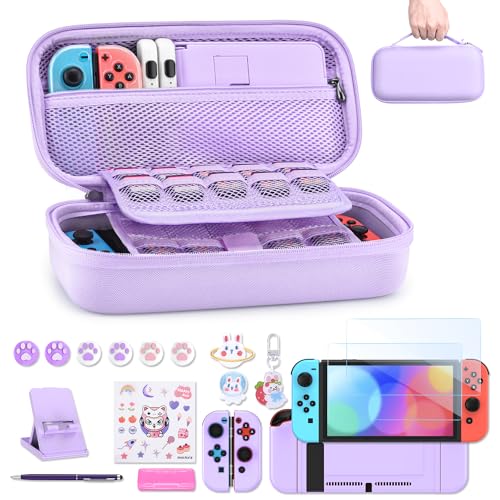 innoAura Switch Case 19-in-1 Bundle for NS Switch (2017), with Carrying Case, Game Organizer, Screen Protector, Stand and Thumb Grips, Purple - Image 1