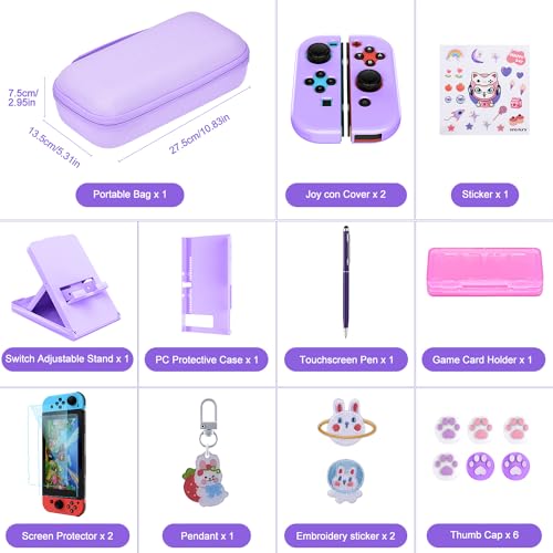 innoAura Switch Case 19-in-1 Bundle for NS Switch (2017), with Carrying Case, Game Organizer, Screen Protector, Stand and Thumb Grips, Purple - Image 2