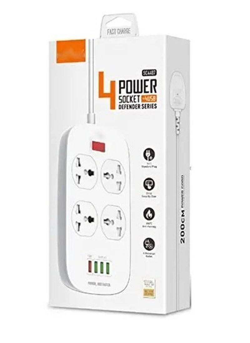 Rabos 4-USB Ports and 4-Power Socket Extention Board with Lighting Charging Cable White  - Image 2