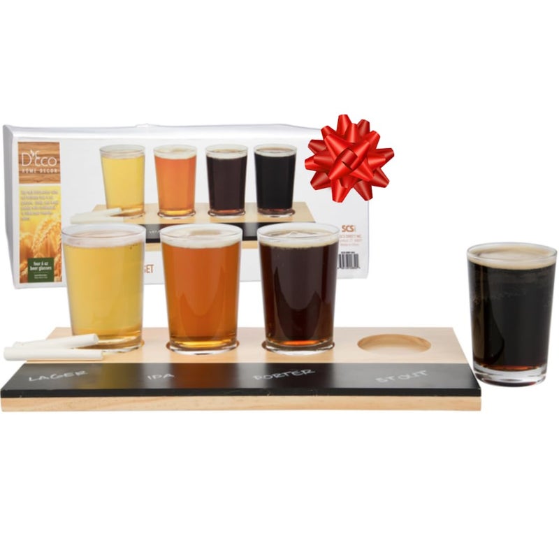 DEco Beer Tasting Flight Sampler Board Set Includes Four 6 oz Pilsner Craft Brew Glasses Wooden Tray w Chalkboard Great for Football Games Date Nights Holiday Xmas Must Have Gift for Him - Image 1