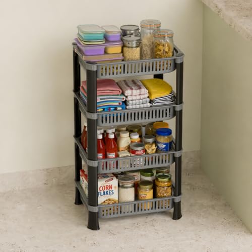 Biltoxi Plastic Multipurpose Kitchen Storage Rack Basket & Organizer – Stackable Shelves for Onion, Potato, Vegetables, Fruits, Grocery & Household Items (4 Layer, Silver) - Image 1