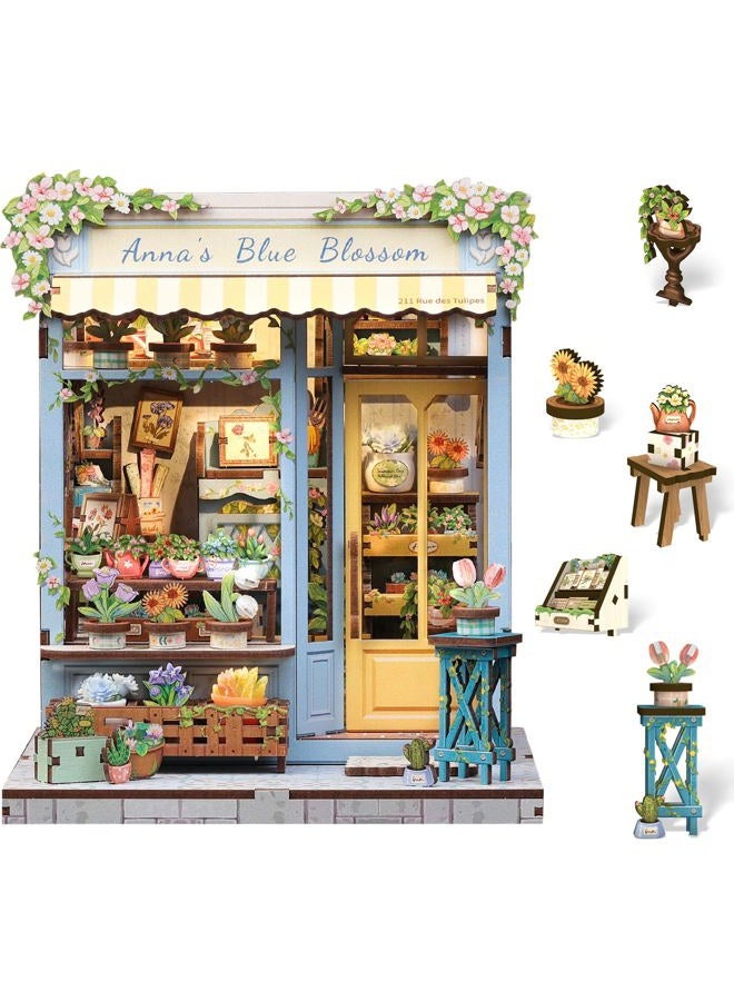 Cutefun Book Nook Kit - DIY Miniature House Kit for Adults and Teens, 3D Wooden Puzzle Mini House Building Kit with LED, Dollhouse Kit Bookshelf Insert Decor Creative Gifts (Anna's Blue Blossom) - Image 1
