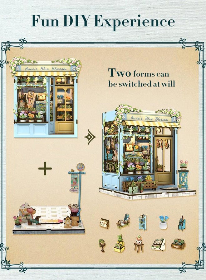 Cutefun Book Nook Kit - DIY Miniature House Kit for Adults and Teens, 3D Wooden Puzzle Mini House Building Kit with LED, Dollhouse Kit Bookshelf Insert Decor Creative Gifts (Anna's Blue Blossom) - Image 4