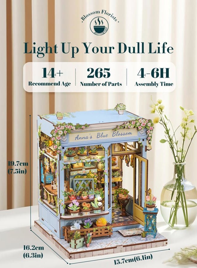 Cutefun Book Nook Kit - DIY Miniature House Kit for Adults and Teens, 3D Wooden Puzzle Mini House Building Kit with LED, Dollhouse Kit Bookshelf Insert Decor Creative Gifts (Anna's Blue Blossom) - Image 2