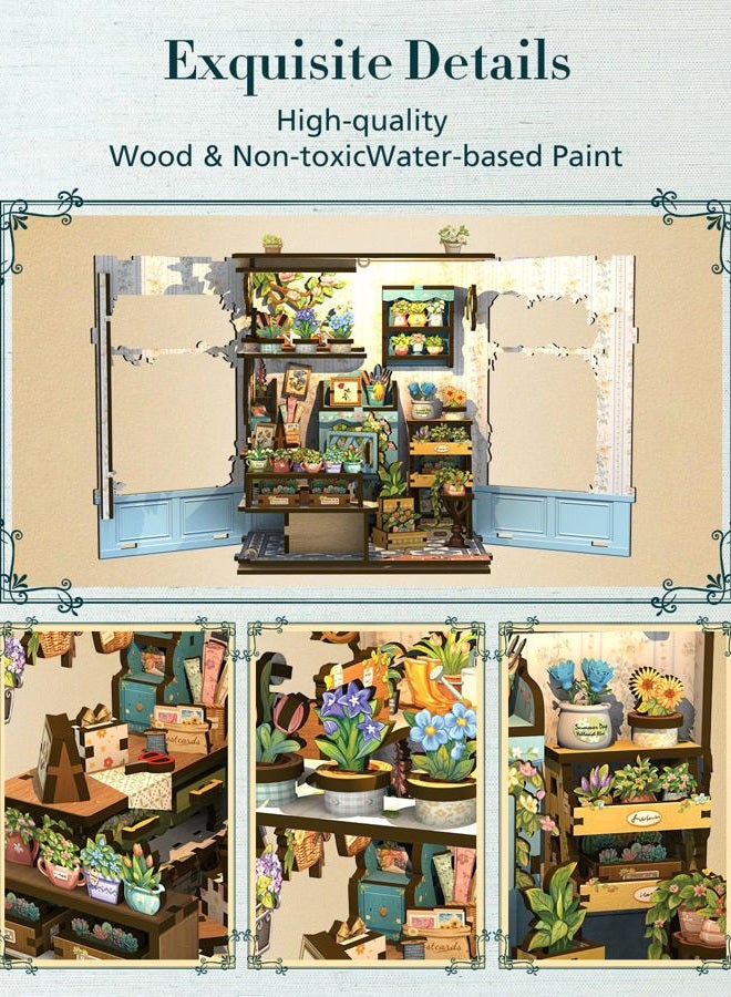 Cutefun Book Nook Kit - DIY Miniature House Kit for Adults and Teens, 3D Wooden Puzzle Mini House Building Kit with LED, Dollhouse Kit Bookshelf Insert Decor Creative Gifts (Anna's Blue Blossom) - Image 5