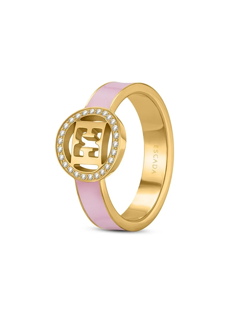 ESCADA Isabella Gold Plated Ring with Cutout Logo and Pink Enamel Band