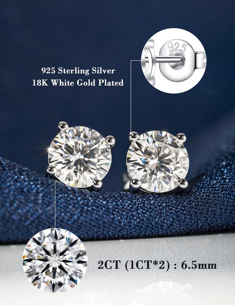 IMOLOVE أقراط مويسانيت IMOLOVE مع 0.6ct-3ct لون D قطع دائري من الماس المصنع في المختبر، مصنوعة من الفضة الاسترلينية ومطلية بالذهب الأبيض عيار 18 للنساء والرجال-2 - Image 2