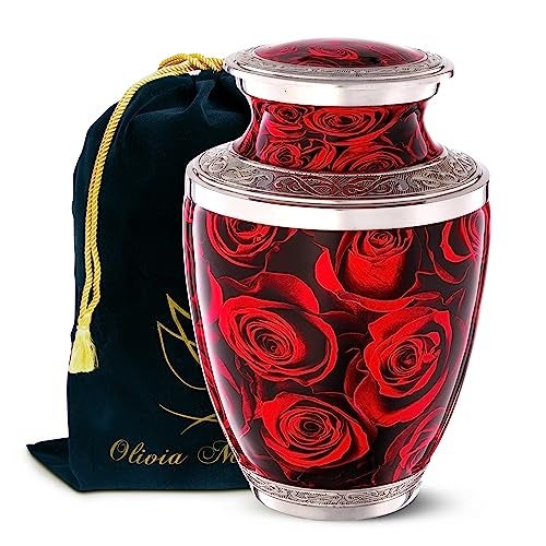 Crimson Rose Urn for Ashes for Women Men Adult Cremation Funeral Decorative Red Urn for Male Female Adult Carefully Handcrafted with Pendant Necklace for Dog Cat Pet