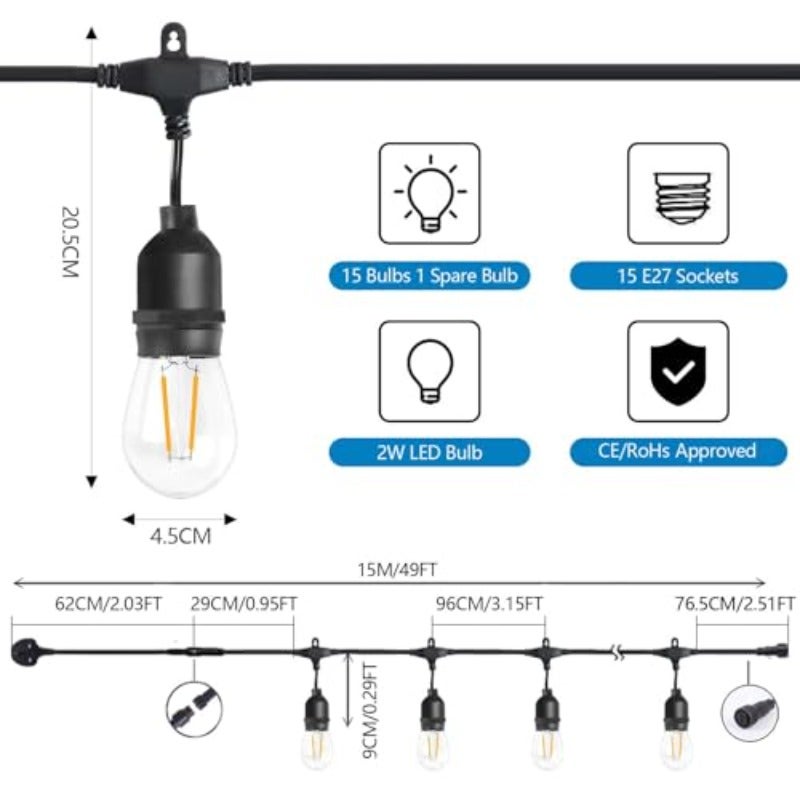 أضواء خيط LED خارجية بطول 49 قدم (15 قطعة + 1 احتياطي) 2700 كلفن أبيض دافئ مصابيح S14 بقوة 2 واط مقاومة للماء للحديقة للاستخدام في الأعراس والمناظر الخارجية والفناء - Image 4