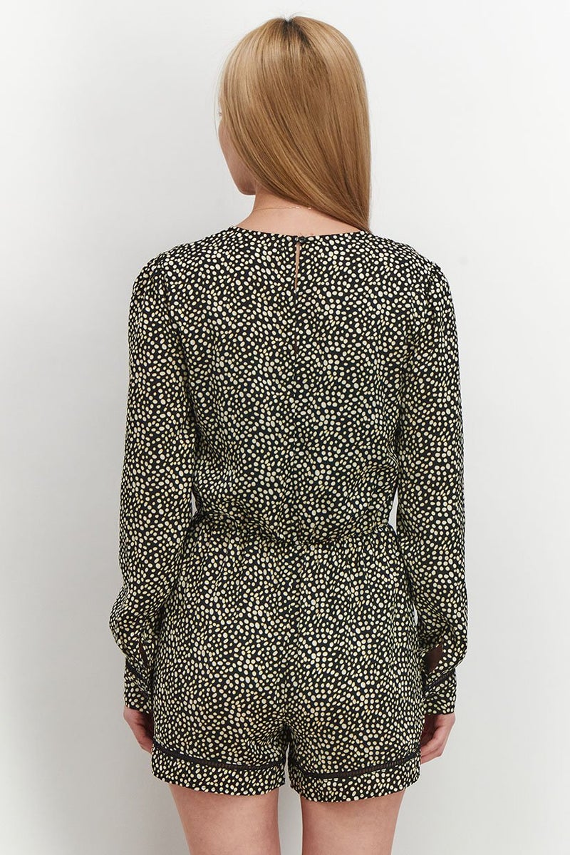 Avec Les Filles Women Polka Dot Long Sleeve Romper, Black and White - Image 2
