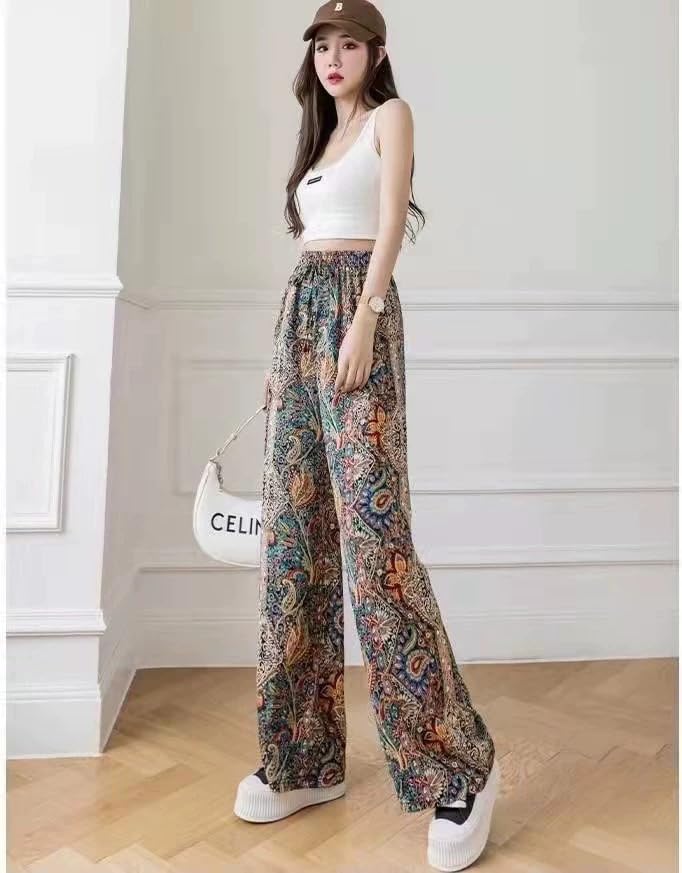 Celary Korean Women Printed Wide Leg Palazzo Pants - High Waist Elastic Casual Trousers - Image 2