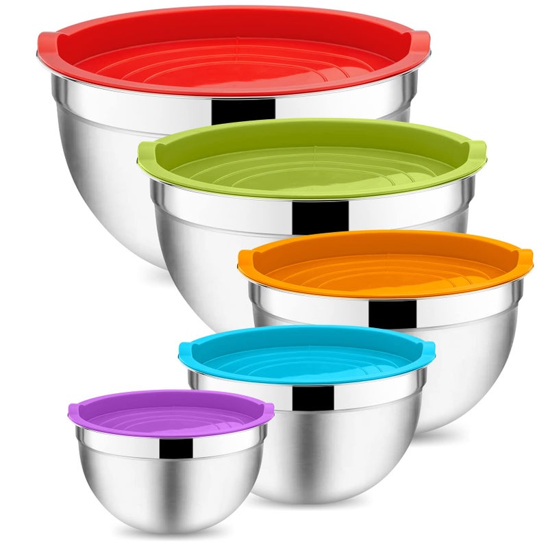Onader Mixing Bowl Set of 5 Stainless Steel Salad Nesting Bowl with Airtight Lids Metal Bowls for Baking Serving Dishwasher Safe  SpaceSaving Storage Size 0712162846QT Multicolor