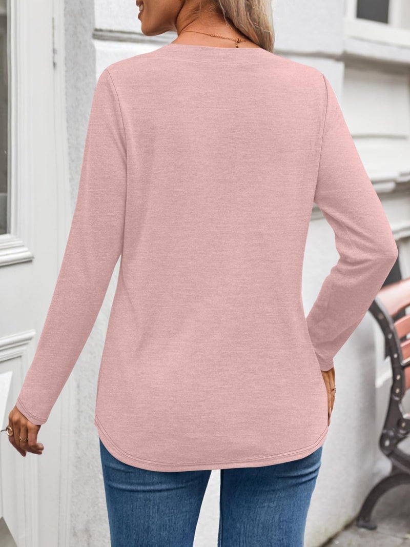 WYNNQUE Womens Long Sleeve Shirts Business Casual Outfits Dressy Tops Blouses Henley V Neck Fall Clothes Pink S - Image 4