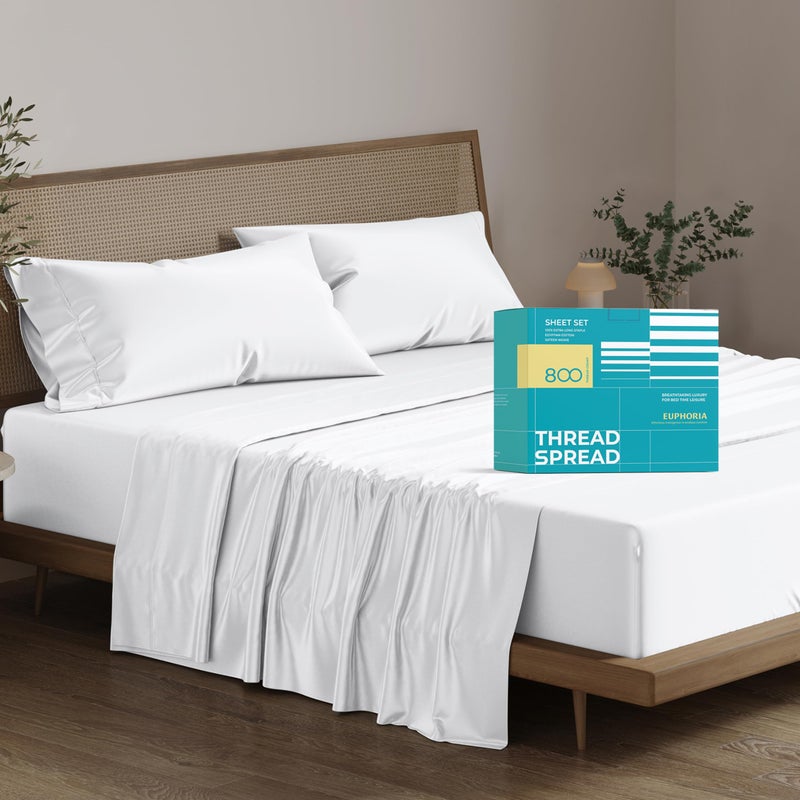 THREAD SPREAD Pure 100 Egyptian Cotton Sheets Full Size  800 Thread Count 4 PC Deep Pocket Full Size Sheets Set Silky Soft Cooling Sateen Weave Luxury Hotel Sheets Fits Mattress Upto 18  White