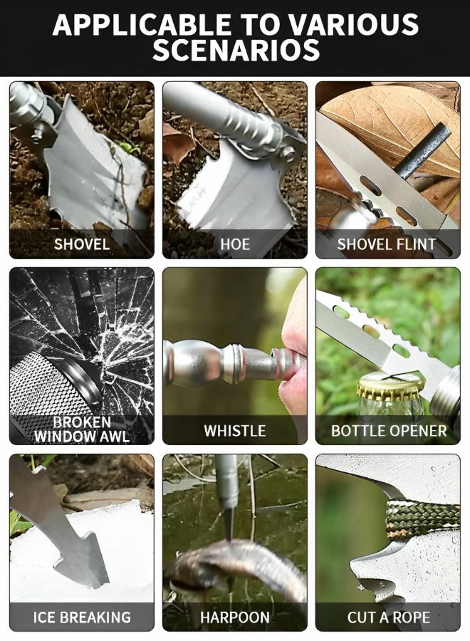 GROIC Outdoor Survival Shovel, Folding All-in-One Camping Shovel, Tactical Multi-tool Compact Lightweight Aluminum Handle w/Carrying Pouch Multi-Use Portable Camping Tool - Image 3