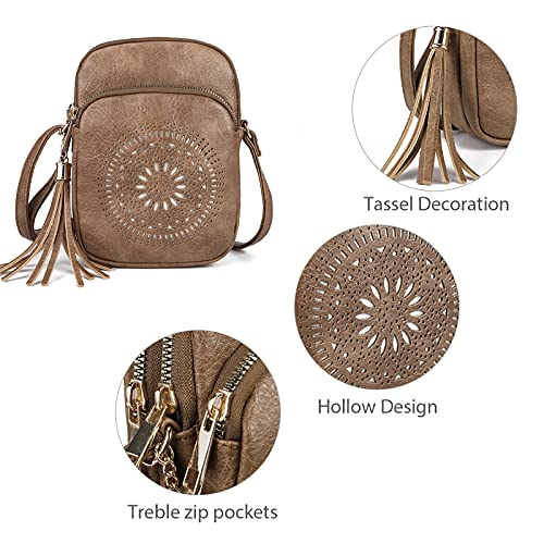 AFKOMST Small Crossbody Bag and Boho Cell Phone Purse for Women,Faux Leather Shoulder Handbag with Tassel,Triple Zip - Image 5
