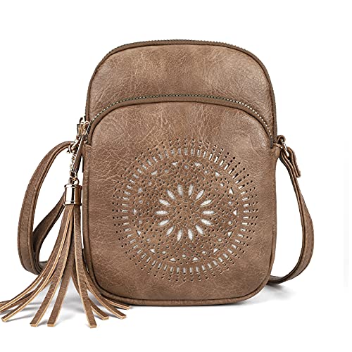 AFKOMST Small Crossbody Bag and Boho Cell Phone Purse for Women,Faux Leather Shoulder Handbag with Tassel,Triple Zip - Image 1