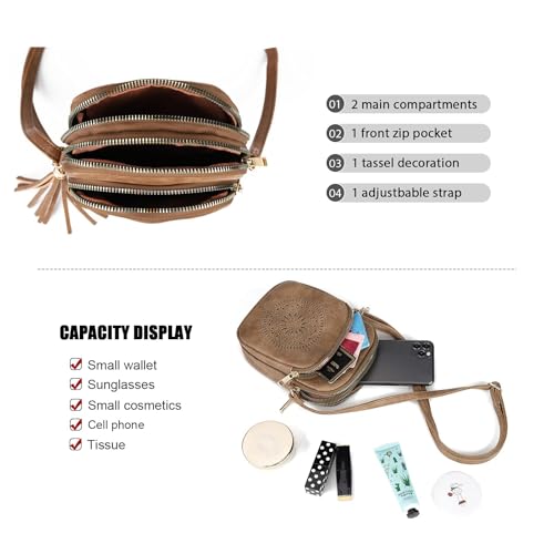 AFKOMST Small Crossbody Bag and Boho Cell Phone Purse for Women,Faux Leather Shoulder Handbag with Tassel,Triple Zip - Image 4