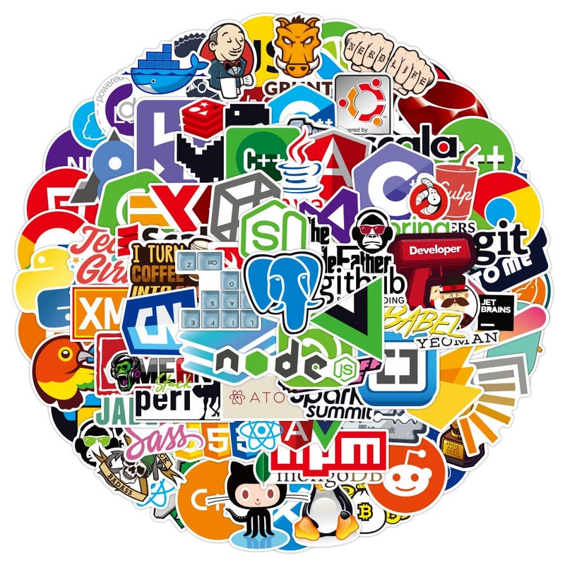 100 قطعة ملصقات برمجة - النسخة الجديدة ملصقات DEV للغات تطوير الواجهة الأمامية والخلفية للمطورين والمبرمجين والقراصنة والمهووسين والمهندسين