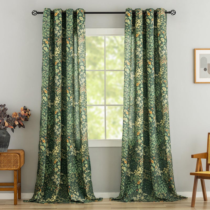 FINECITY Green Pattern Curtains 95 Inch Length 2 Panels Vintage Boho Botanical Leaf Floral Curtains for Living Room, Grommet Semi-Sheer Privacy Drapes French Country Cottagecore Curtain, 50 x 95 Inch - Image 1