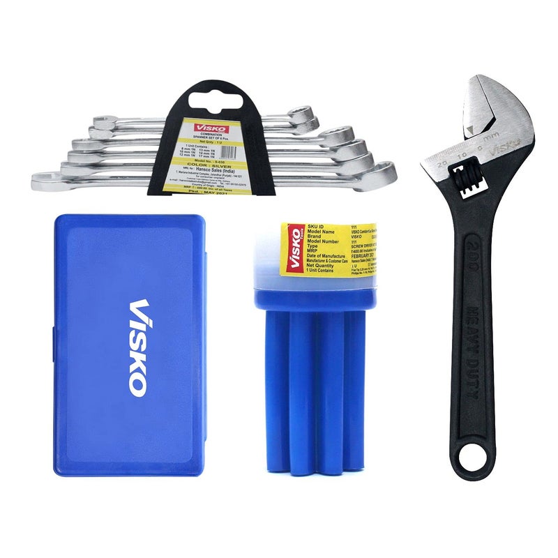 Visko Hand Tools Combo 816 Tools Combo With Allen Key Set Pack of 9 Phosphate Finish Single Sided Open End Wrench 8 Blades Combination Screwdriver Set with Tester and Recessed Panel Double Sided Combination Wrench - Image 1