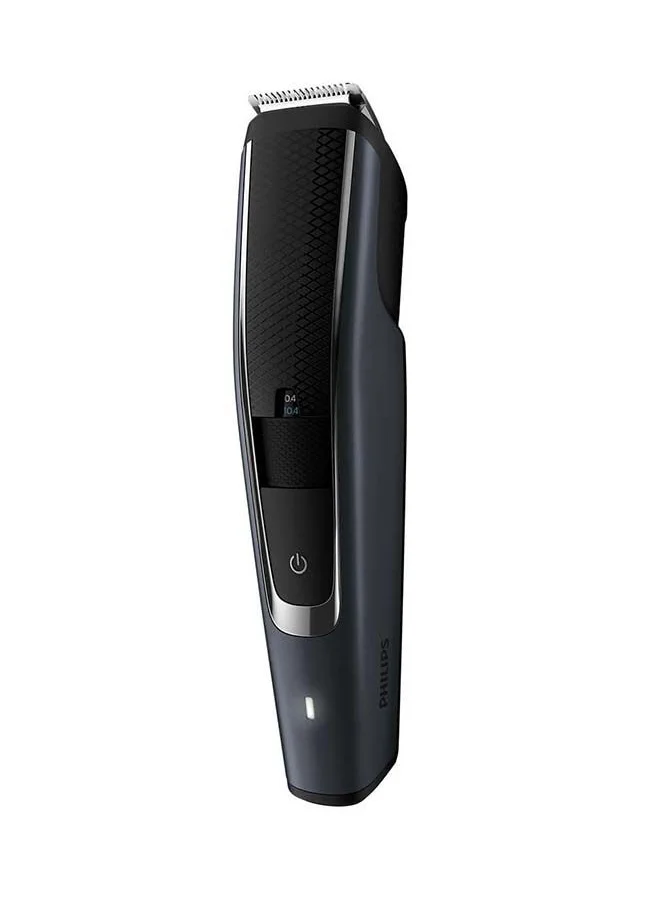 فيليبس Trim-n-Flow Pro technology, 41mm full metal guard, stainless steel blades, corded and cordless with Li-ion battery (for  90 minutes cordless use/1h charge), 2 lock-in adjustable combs for 28 settings via zoom wheel  from 3 to 28mm, 2mm click-on stubble comb, 100% washable, Turbo mode. soft pouch 2yr warranty, battery indicator, Silver grey & black, closed box,