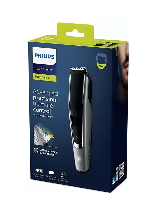 فيليبس Trim-n-Flow Pro technology, 41mm full metal guard, stainless steel blades, corded and cordless with Li-ion battery (for  90 minutes cordless use/1h charge), 2 lock-in adjustable combs for 28 settings via zoom wheel  from 3 to 28mm, 2mm click-on stubble comb, 100% washable, Turbo mode. soft pouch 2yr warranty, battery indicator, Silver grey & black, closed box,