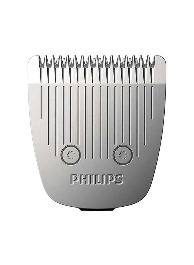 فيليبس Trim-n-Flow Pro technology, 41mm full metal guard, stainless steel blades, corded and cordless with Li-ion battery (for  90 minutes cordless use/1h charge), 2 lock-in adjustable combs for 28 settings via zoom wheel  from 3 to 28mm, 2mm click-on stubble comb, 100% washable, Turbo mode. soft pouch 2yr warranty, battery indicator, Silver grey & black, closed box,