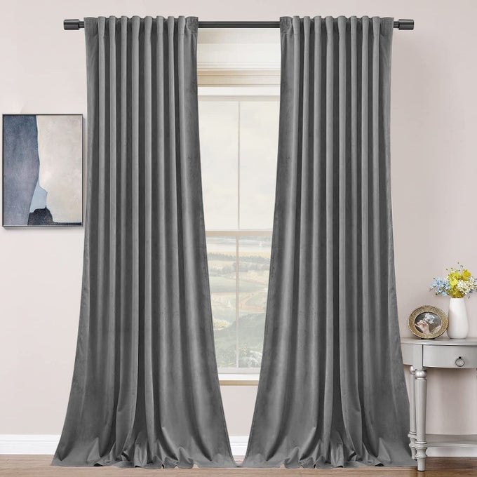 GREY 96 IN LONG VELVET CURTAINS WITH BACK TAB AND ROD POCKET THERMAL INSULATED SOFT PRIVACY LIGHT FILTERING VELVET DRAPES FOR BEDROOM AND LIVING ROOM SET OF 2 PANELS 52 X 96 INCHES LONG