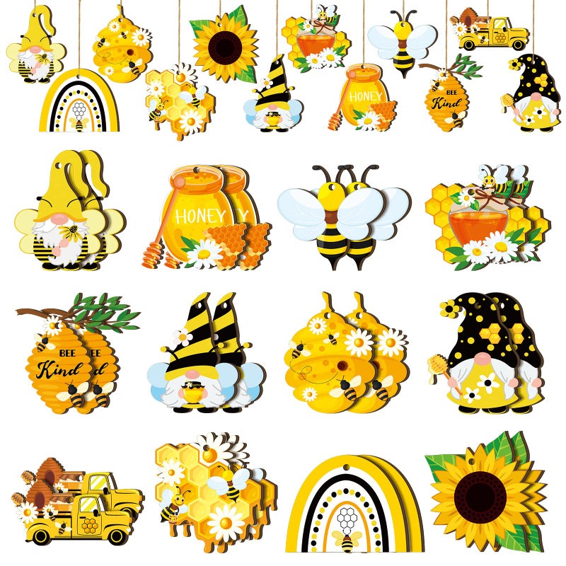 Marsui 24 Pcs Bee Tree Ornaments Honeybee Gnome Wooden Hanging Ornaments Summer Sunflower Hanging Decorations Honey Honeycomb Wood Pendants with Rope for Tree Home Bee Party Decoration