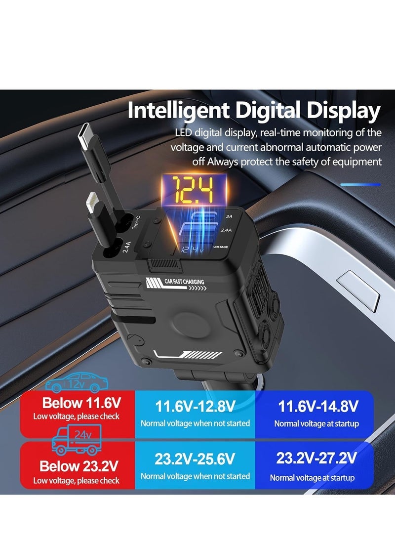 SMARTX شاحن سيارة قابل للسحب 4 في 1 شاحن سيارة سريع، شاحن سيارة 66 واط مع أسلاك لايتنينغ و Type-C، PD 36 واط، توافق عالمي، شحن متزامن، شاحن هاتف سيارة مع كابل قابل للسحب (31.5 بوصة) و 2 محول USB. - Image 4