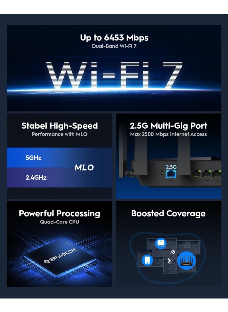 BE6500 WiFi 7 Router Dual Band Gaming Router, 2.5G WAN Port, 6500Mbps, VPN Client and Server, Cudy APP Control, Broadcom 2 GHz Quad-Core CPU