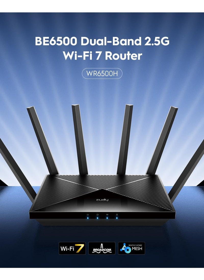 BE6500 WiFi 7 Router Dual Band Gaming Router, 2.5G WAN Port, 6500Mbps, VPN Client and Server, Cudy APP Control, Broadcom 2 GHz Quad-Core CPU