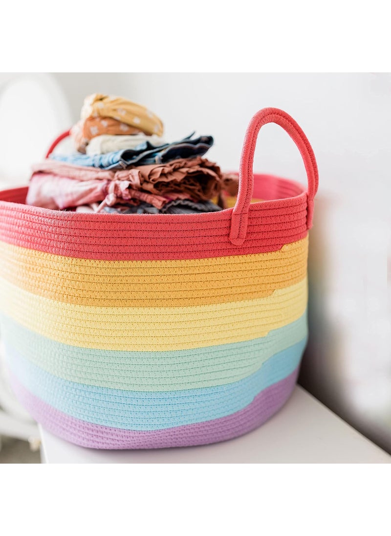 OrganiHaus - OrganiHaus Large Blanket Basket for Living Room 20x13, Rainbow Rope Basket for Classroom Organization, Toy Storage Basket, Woven Kids Laundry Basket, Baby Toy Box, Cute Storage Basket, Nursery Hamper - Image 1
