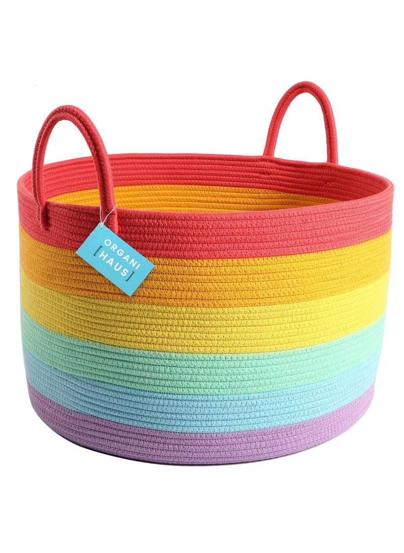 OrganiHaus - OrganiHaus Large Blanket Basket for Living Room 20x13, Rainbow Rope Basket for Classroom Organization, Toy Storage Basket, Woven Kids Laundry Basket, Baby Toy Box, Cute Storage Basket, Nursery Hamper - Image 1