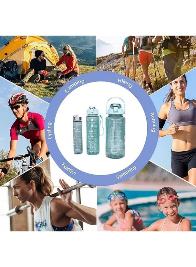 سبيس شوب مجموعة من 3 زجاجات مياه بلاستيكية شفافة، سعة 2000 مل، 900 مل، و300 مل، مع مؤقت تحفيزي. زجاجات مياه متينة مانعة للتسرب، مناسبة للاستخدام في المكتب والمدرسة والنادي الرياضي. - Image 2