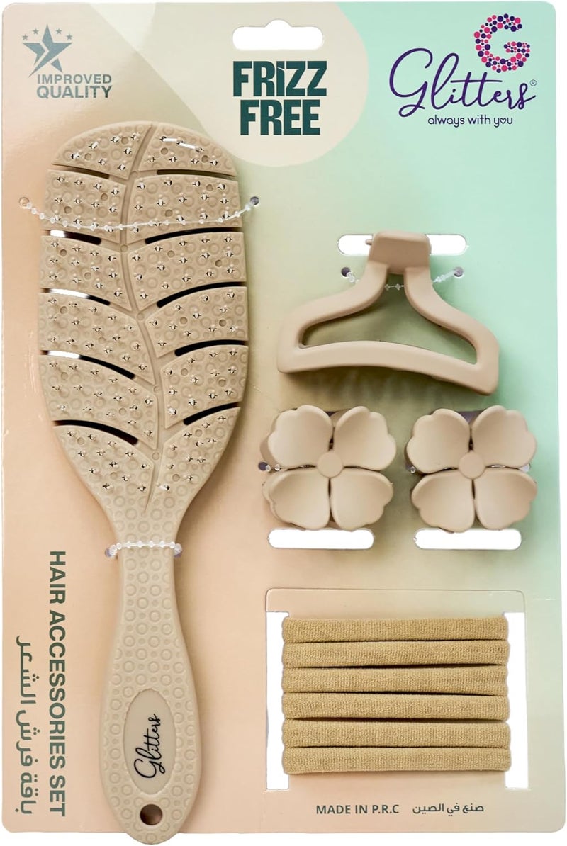 Glitters Frizz-Free Hair Accessories Set - Detangling Brush, Claw Clip & Hair Ties