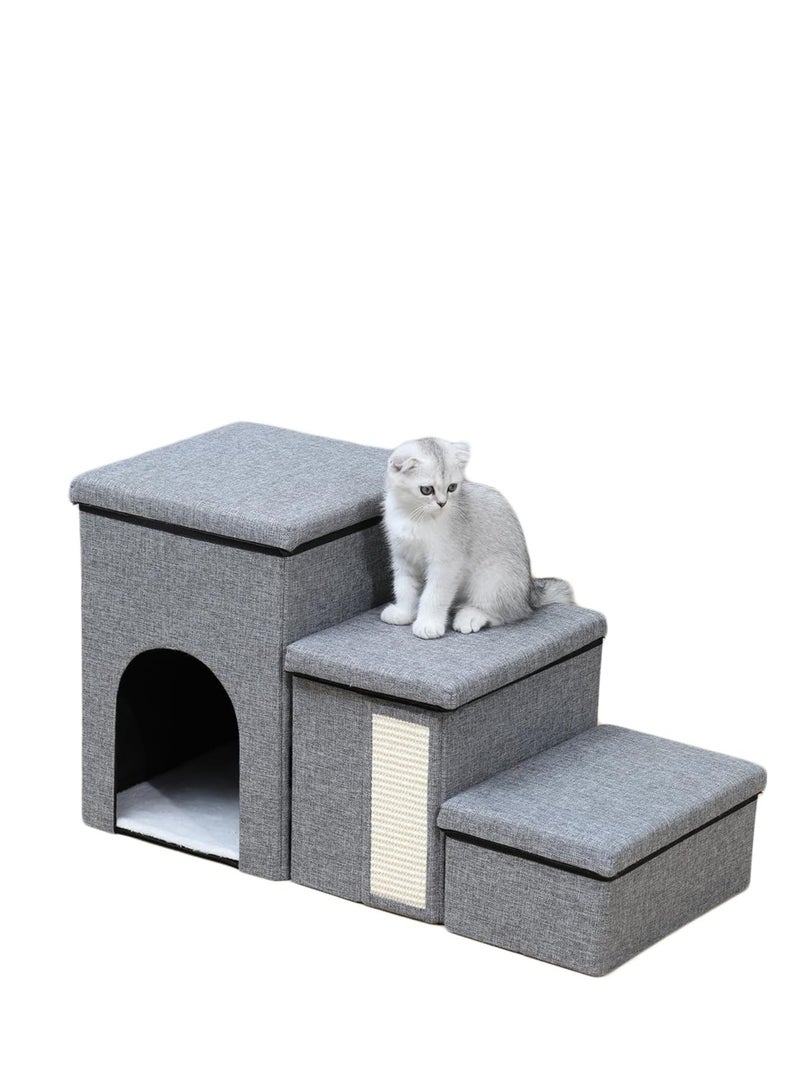 3-Step Foldable Storage Indoor Cat Steps,Pet Steps for High Bed Sofa,Non-Slip Cat Stairs Steps with Storage&Condo&Scratcher for Cats - Image 1